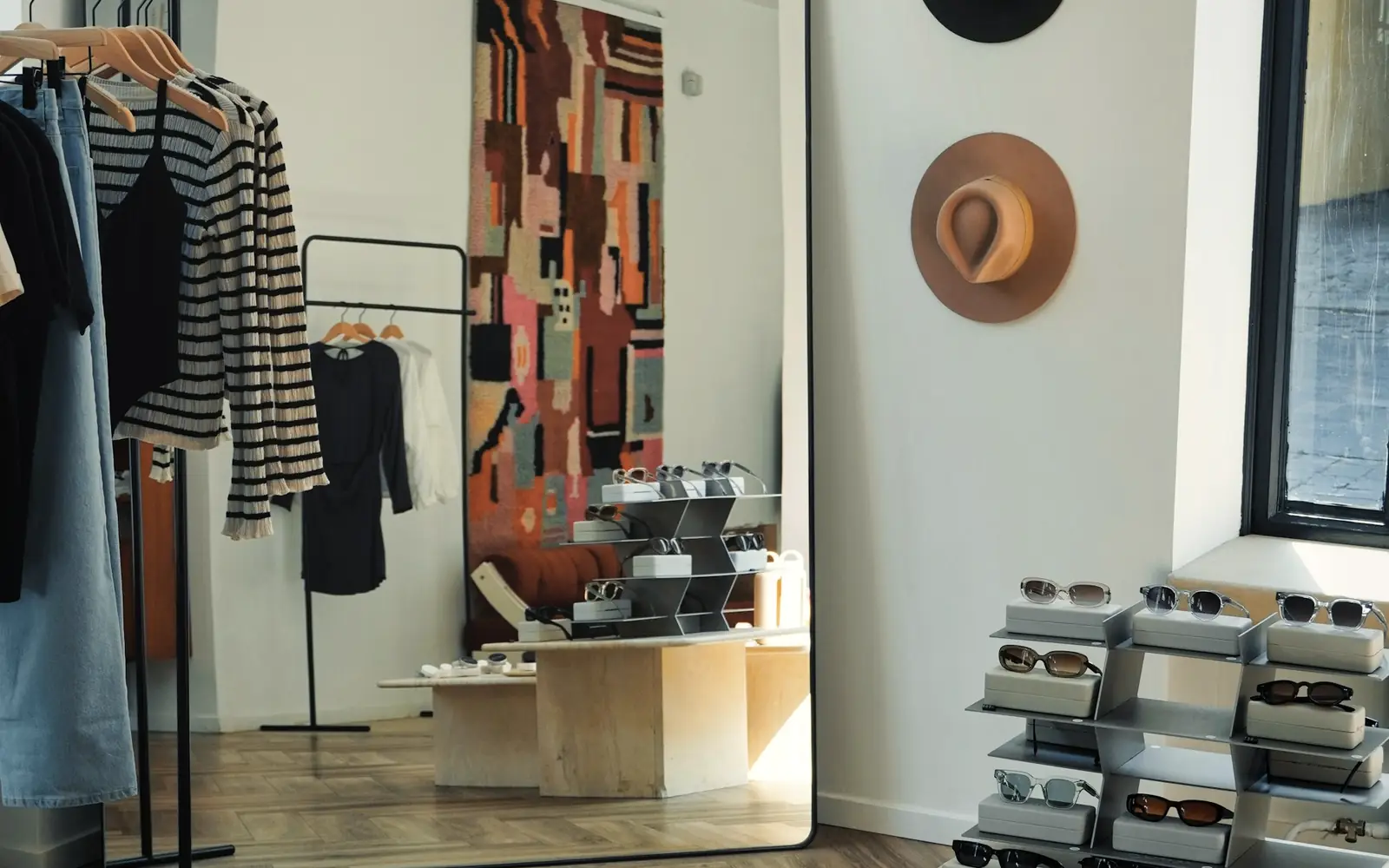 A modern clothing boutique with rails of garments and a sunglasses display