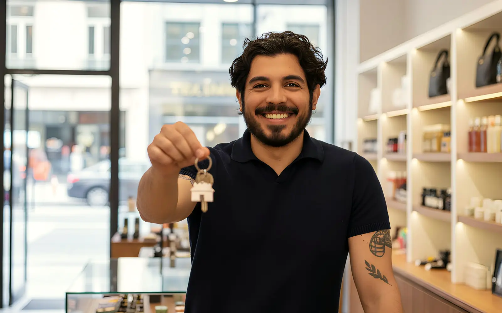 A smiling shop owner holding up a set of keys in his store