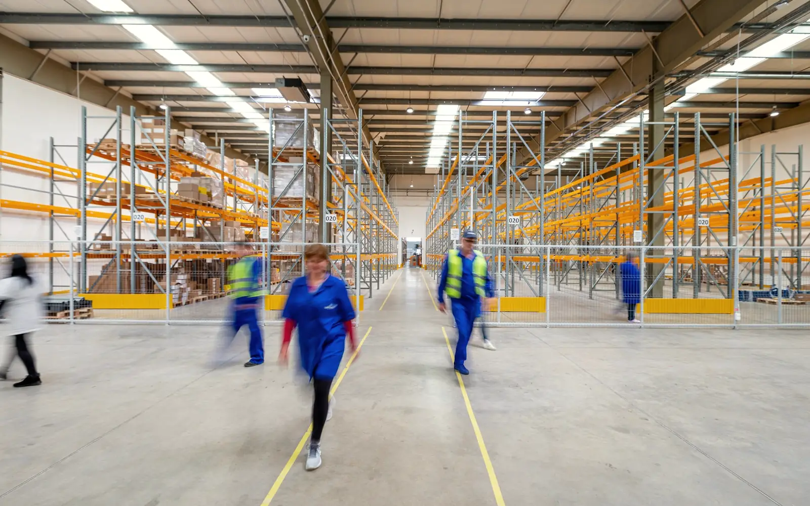 Staff walking through a large, bright distribution warehouse